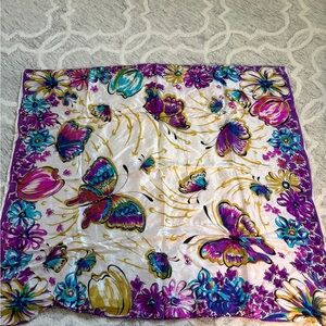 Vintage Silk Scarf 1970s Butterfly Floral Psychedelic Print